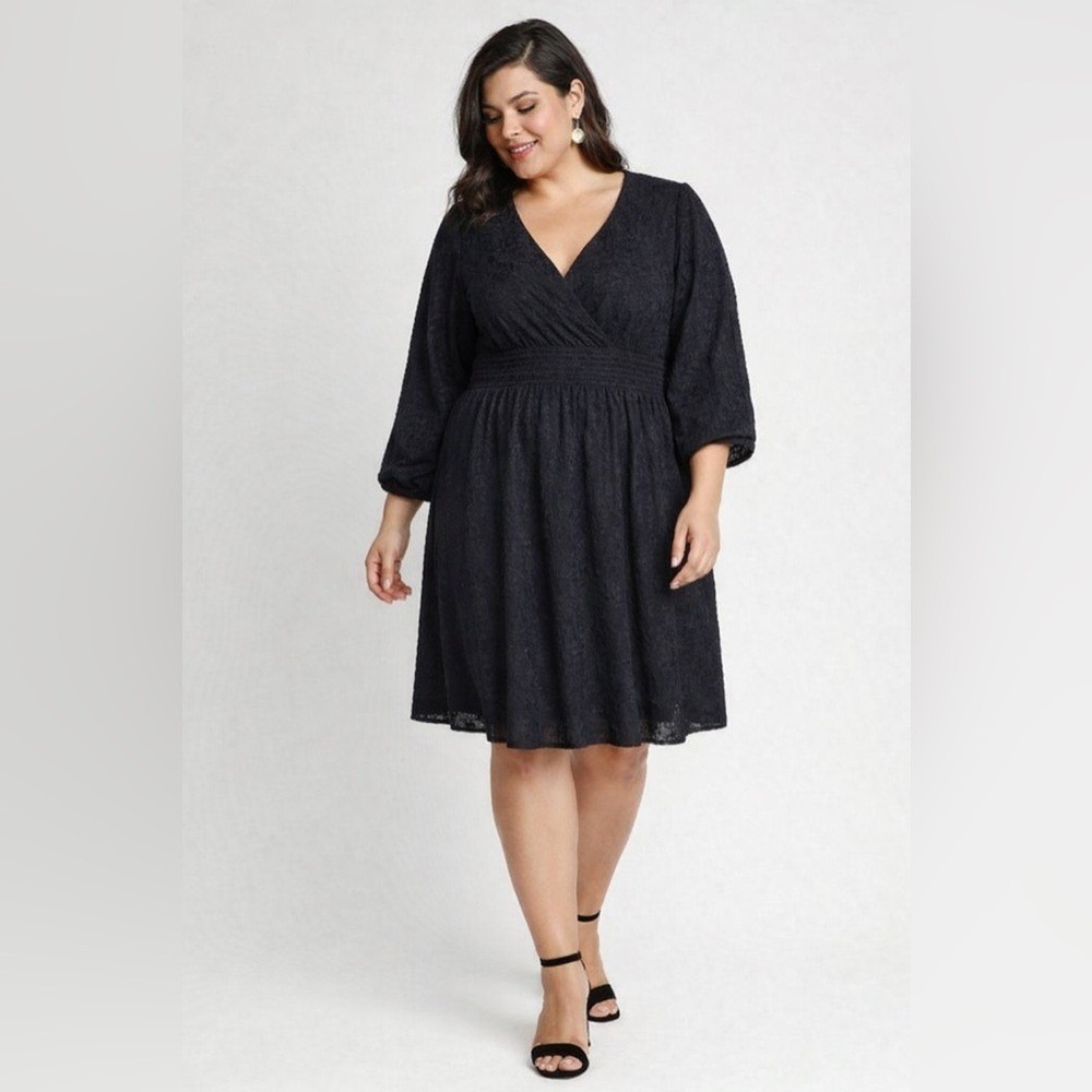 Draper‎ James RSVP Black Textured Empire Waist Dress 2X Surplice Midi